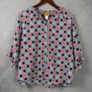 Ruby Rd Womens Retro Mod Blouse SZ M Ruffle Button Up Geometric Polka Dot 60s